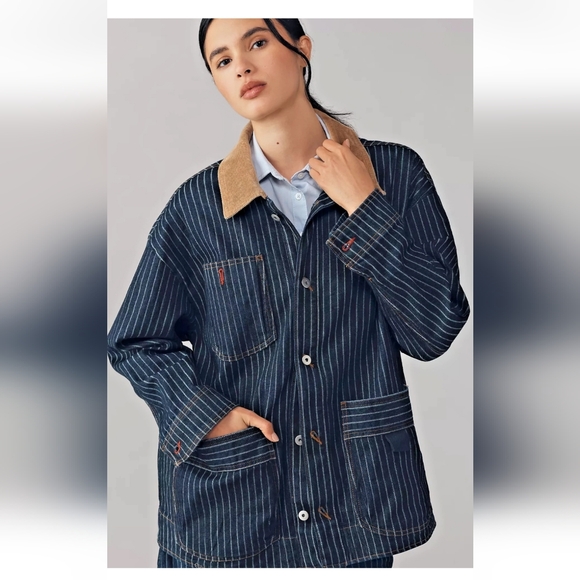 Anthropologie Pilcro Navy Striped Utility Jacket Cotton and Elastane/Pockets